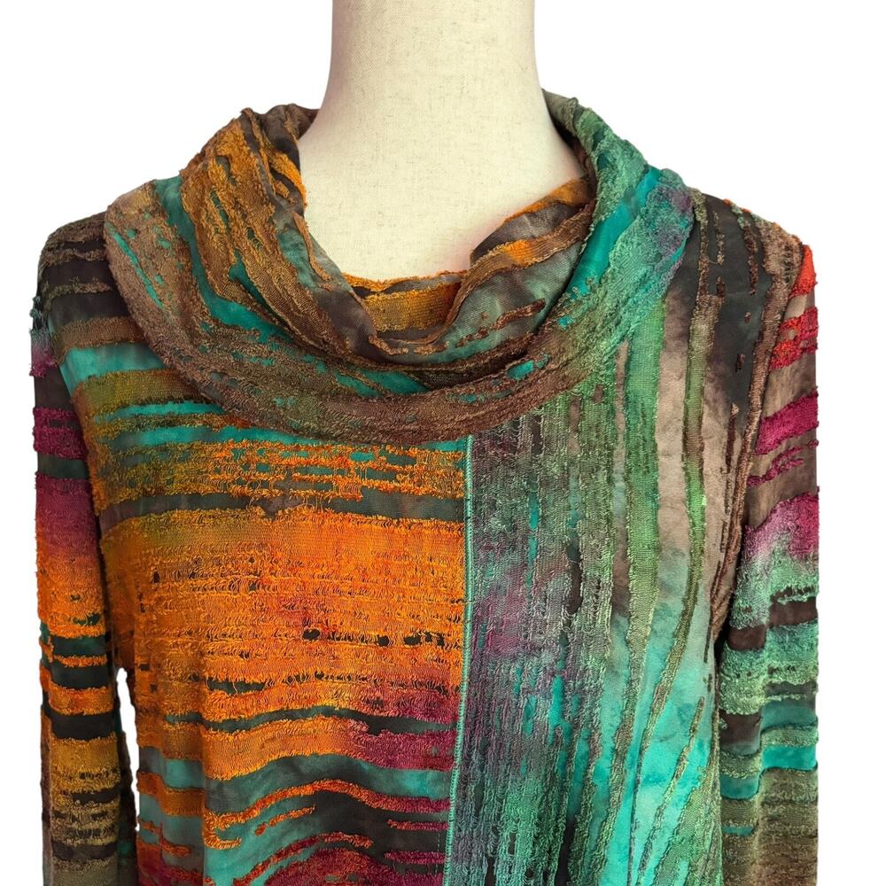 Ali Miles Blouse Womens Small Textured Cowl Neck Top Colorful Fall Unique Artsy - Picture 2 of 8